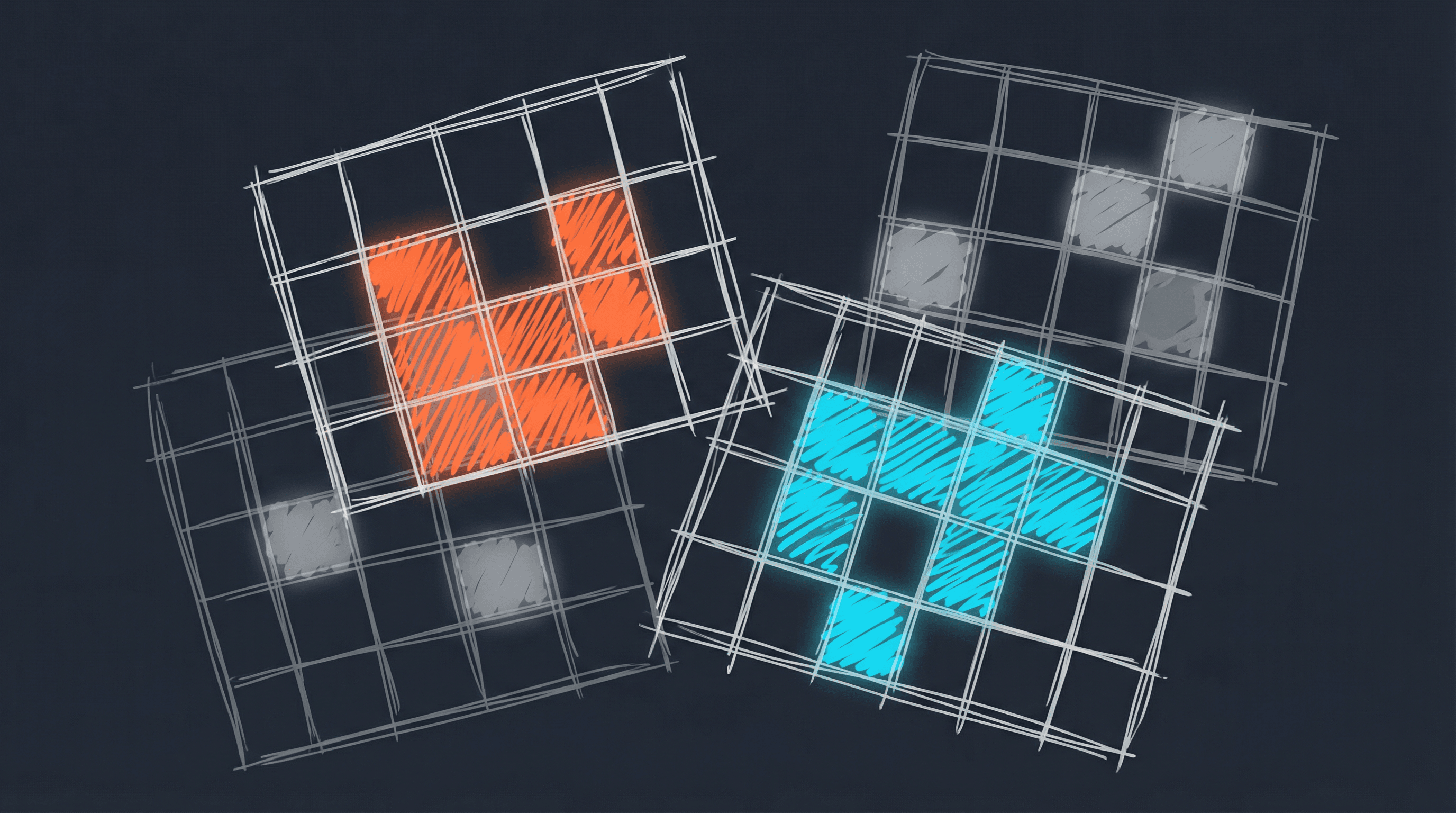 Abstract grid pattern with neon-highlighted squares representing the rectangle-free coloring puzzle